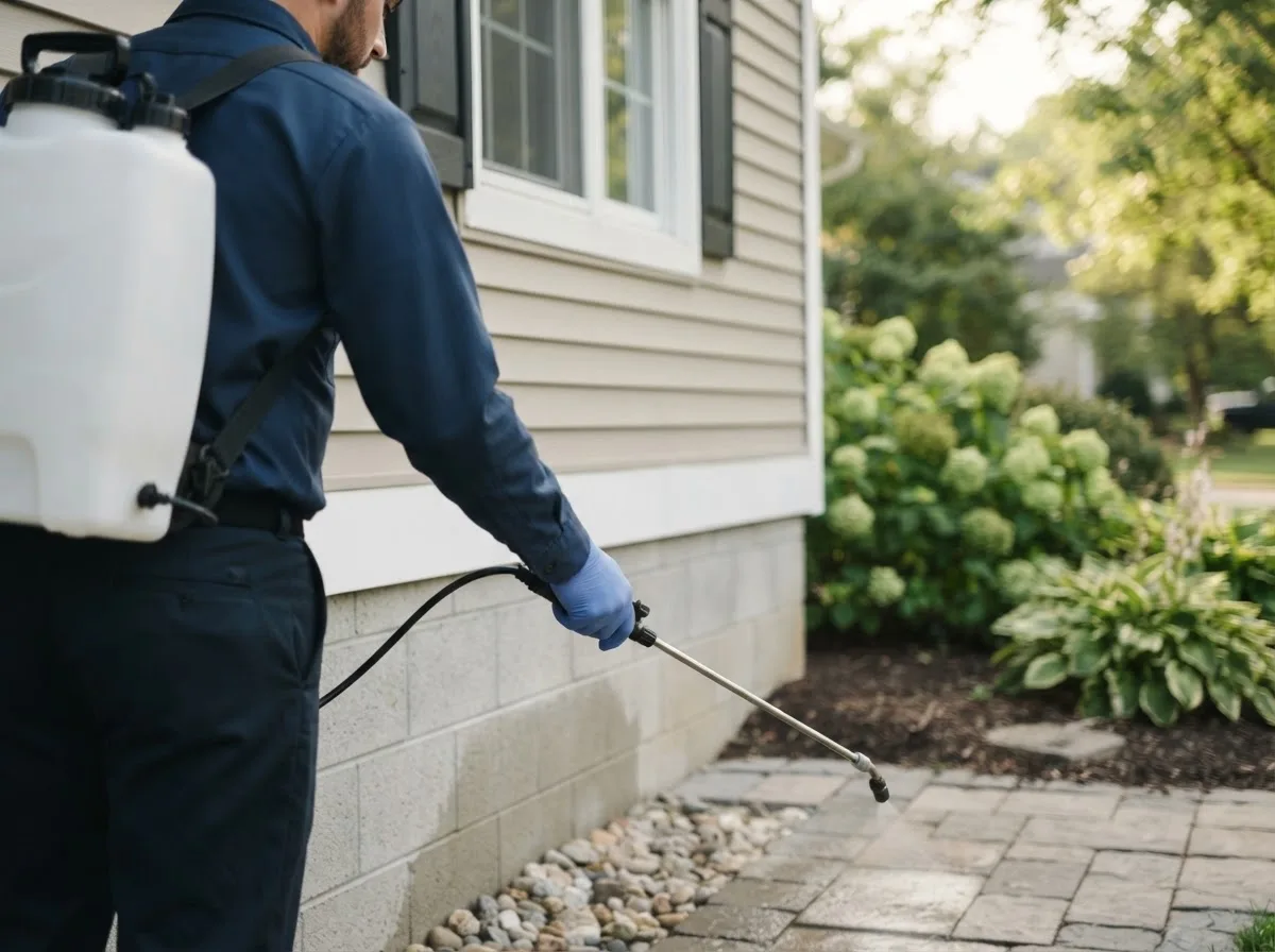 Pest control technician inspecting a home in Summerfield, NC